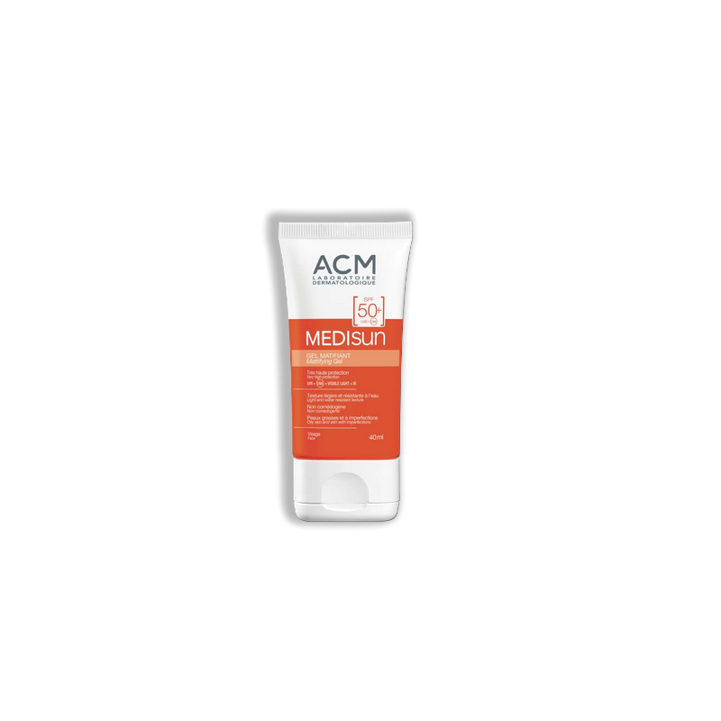 ACM Medisun Gel Matifiant SPF 50+ 40ml flacon souple blanc et orange avec bouchon clips