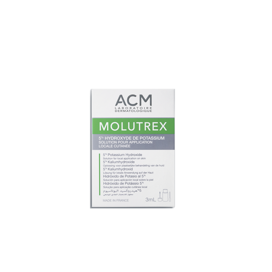 ACM Molutrex 5% d'Hydroxyde de Potassium 3ml, boite blanche avec bande verte et grise