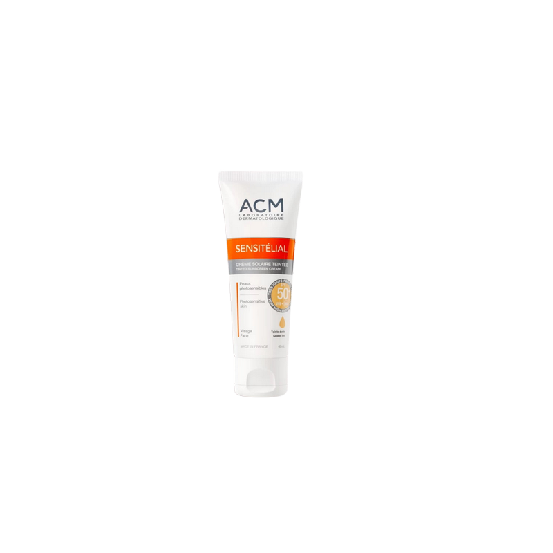 ACM Sensitélial SPF 50+ Crème Solaire Teintée 40ml tube souple blanc et orange avec bouchon clips