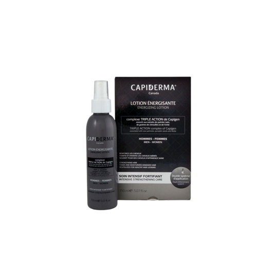 Capiderma Lotion énergisante Anti-chute 150ml flacon gris foncé avec bouchon spray