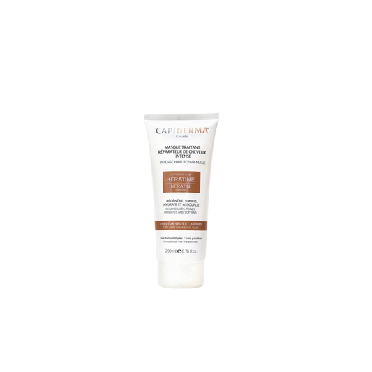 Capiderma Masque Réparateur De Cheveux Intense À La Kératine 200ml flacon souple blanc et brun avec bouchon clips