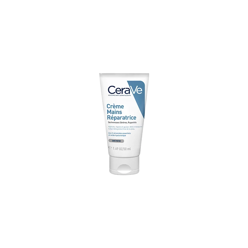 Cerave Crème Mains Réparatrice tube souple bleu et blanc avec bouchon clips