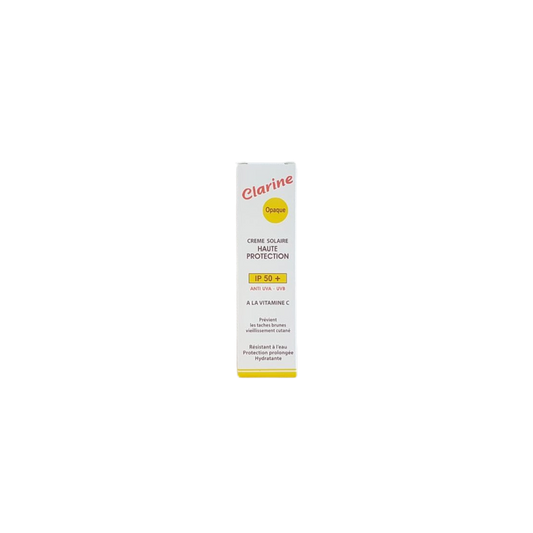 Clarine Crème Solaire SPF 50+ Opaque 25g dans sa boite blanche et jaune