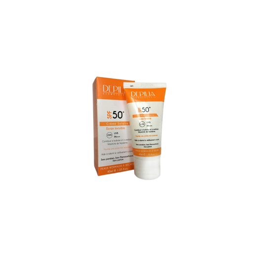 Depilia Ecran Solaire Invisible SPF 50+ 40ml tube orange et blanc avec bouchon clips