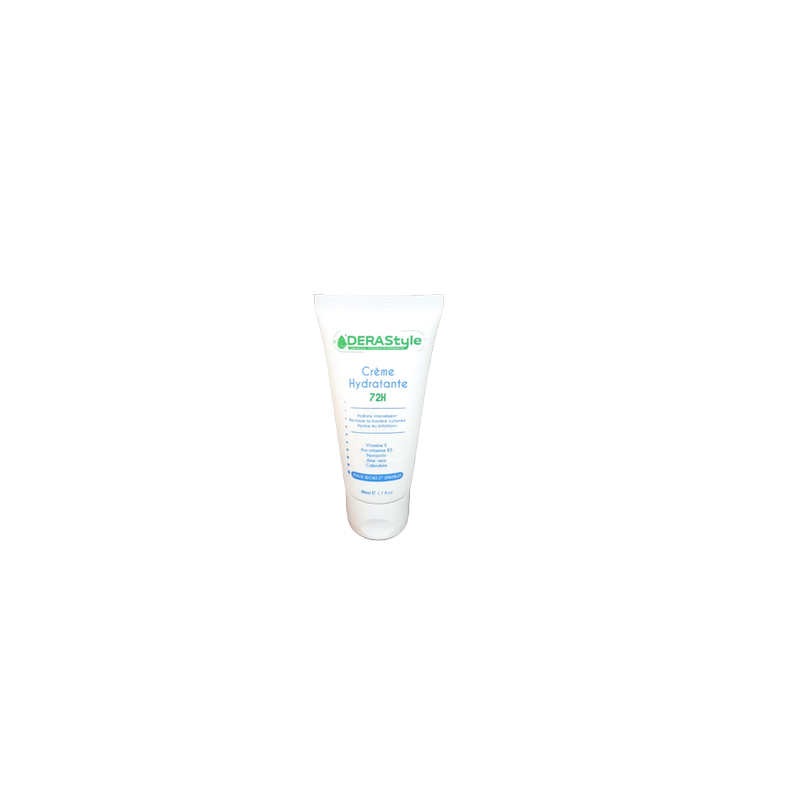 Derastyle Crème Hydratante 72H 50ml, tube souple blanc avec bouchon à clips