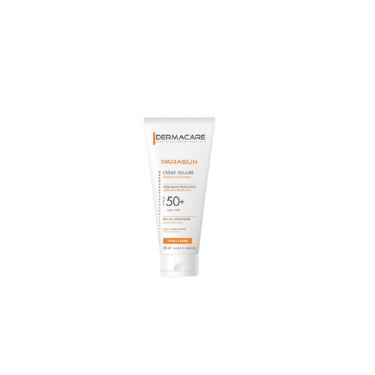 Dermacare Parasun Crème Solaire SPF 50+ Teintée Claire 50ml tube souple blanc et orange avec bouchon clips