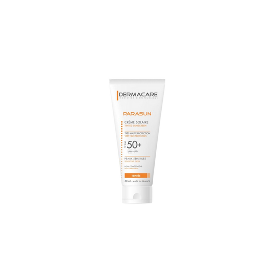 Dermacare Parasun Crème Solaire SPF 50+ Teintée 50ml tube souple blanc et orange avec bouchon clips