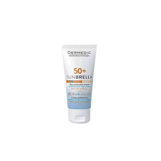 Dermedic Sunbrella Ecran SPF50+ Peaux Sèches à Normales 50ml tube blanc et bleu ciel avec bouchon clips