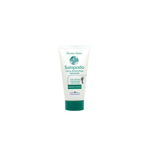 Dermo-Soins Sainpodo Crème Kératolytique Hydratante 50ml tube souple blanc avec bouchon vert bleu à vis