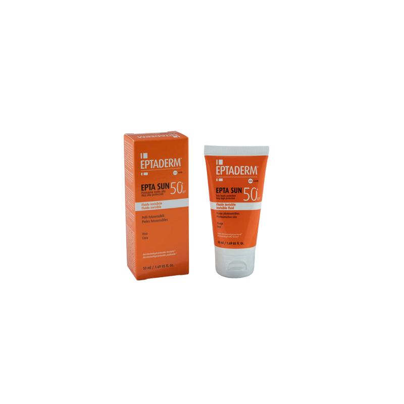 Eptaderm Epta Sun SPF 50+ Fluide Invisible 50ml tube souple orange avec bouchon facile clips