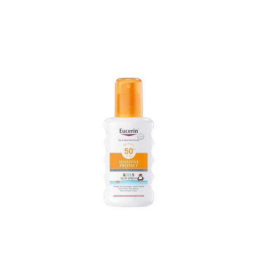 Eucerin Sun Protection Sensitive Protect Kids Spray SPF 50+ 200ml flacon souple blanc et orange avec bouchon facile