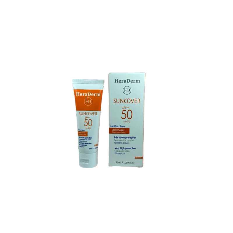 Heraderm Suncover SPF50+ Crème Solaire 50ml, Tube souple blanc avec une bande orange