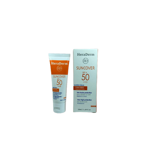 Heraderm Suncover SPF50+ Crème Solaire 50ml, Tube souple blanc avec une bande orange