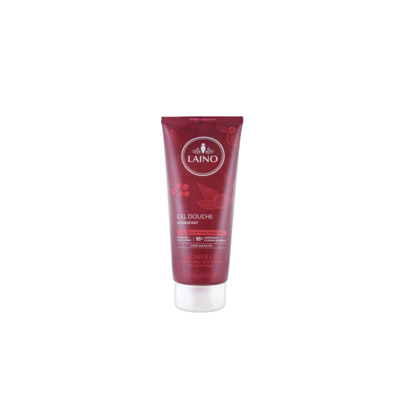 Laino Gel Douche Hydratant Pulpe de Fruits Rouges Bio 200 ml tube transparent rouge bouchon clips