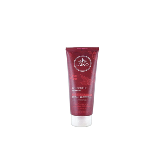 Laino Gel Douche Hydratant Pulpe de Fruits Rouges Bio 200 ml tube transparent rouge bouchon clips