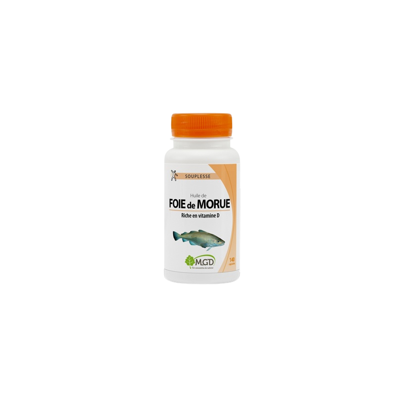 MGD Nature Huile de Foie de Morue 140 Capsules flacon blanc bouchon orange