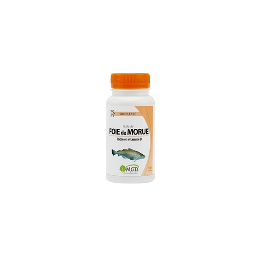 MGD Nature Huile de Foie de Morue 140 Capsules flacon blanc bouchon orange