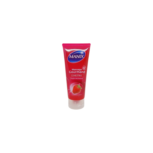 Manix Gel Massage Gourmand Fraise Comestible 200ml tube rose avec bouchon clips