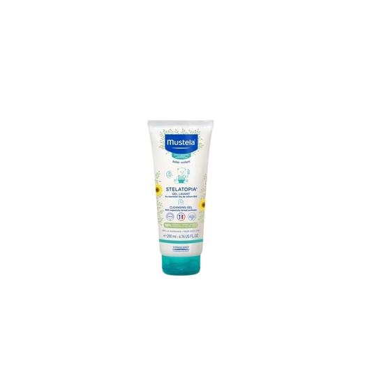 Mustela Gel Lavant Stelatopia 200ml tube blanc avec bouchon clips