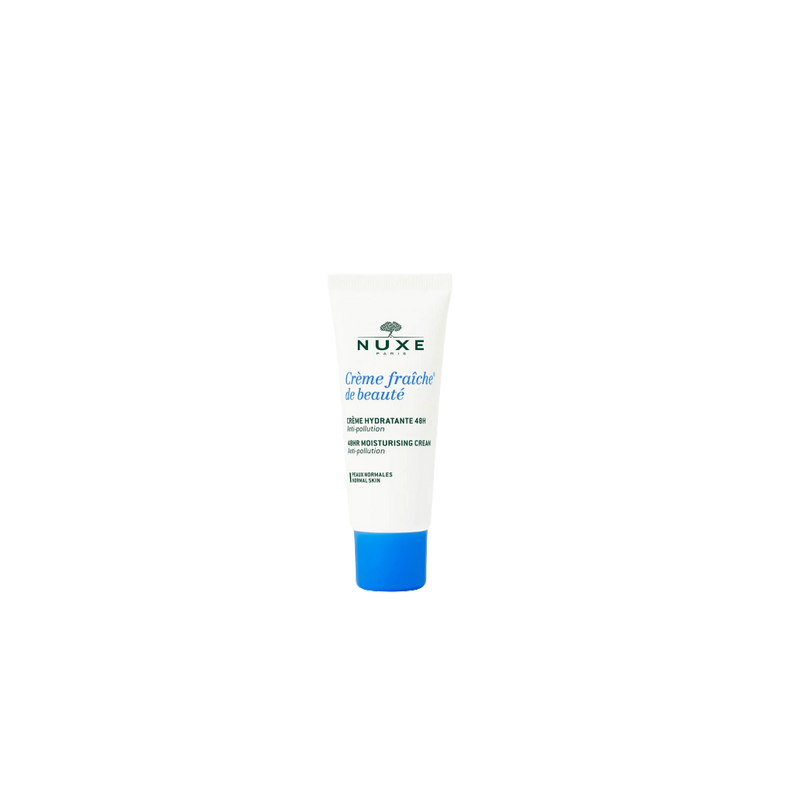 Nuxe Crème Fraîche de Beauté Crème Hydratante 48H 30ml tube souple blanc avec bouchon clips bleu