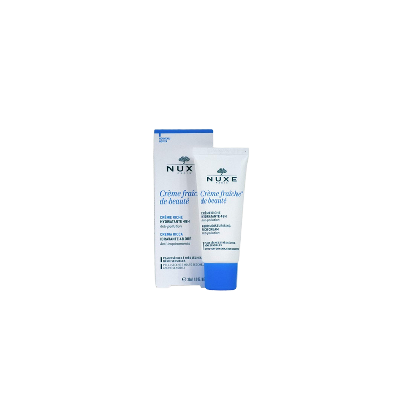 Nuxe Crème Fraiche 48h De Beauté Riche Hydratante 50ML tube souple blanc avec bouchon bleu clips