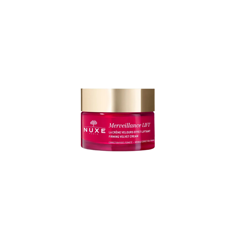 Nuxe Crème Lift Velours Merveillance 50ml pot transparent rouge avec bouchon metal or