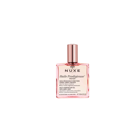 Nuxe Huile Prodigieuse Florale 100ml flacon rose transparent avec bouchon doré