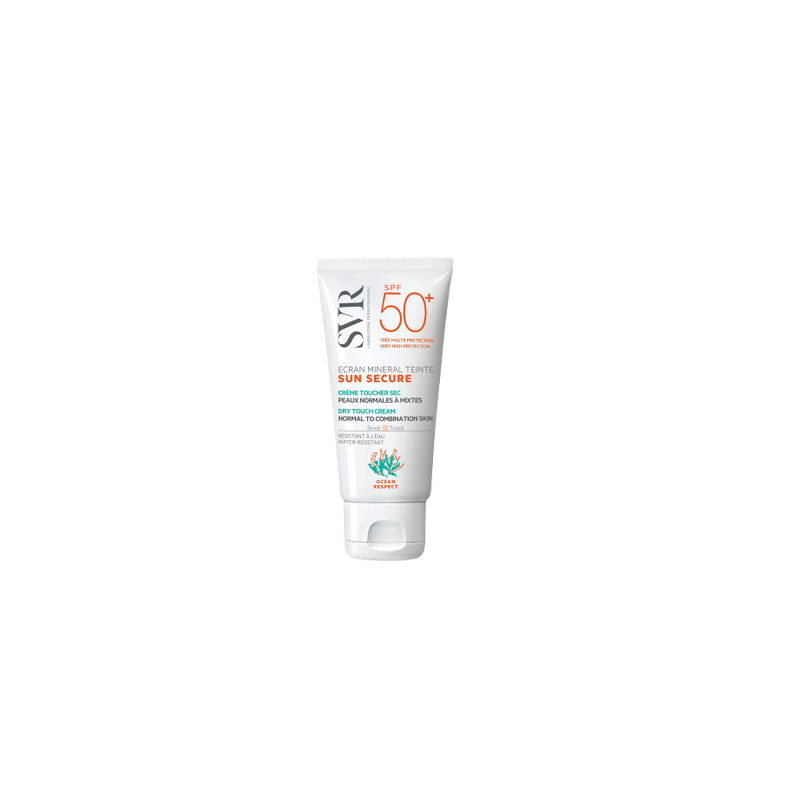 SVR Sun Secure Écran Minéral Teinté SPF 50+ Peaux Normales à Mixtes 60g, tube souple blanc avec bouchon clips