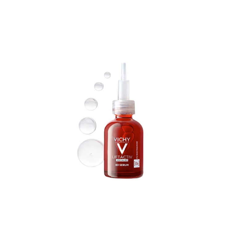 Vichy Liftactiv Specialist Serum B3 30ml, flacon transparent rouge avec bouchon pipette