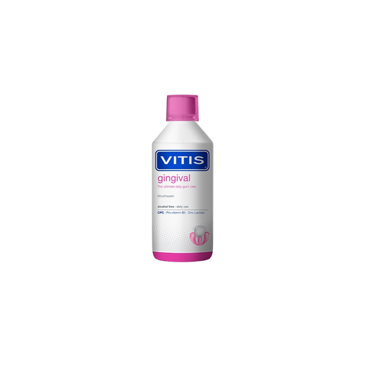 Vitis Bain de Bouche Gingival 500ml, flacon plastic souple blanc avec bouchon rose