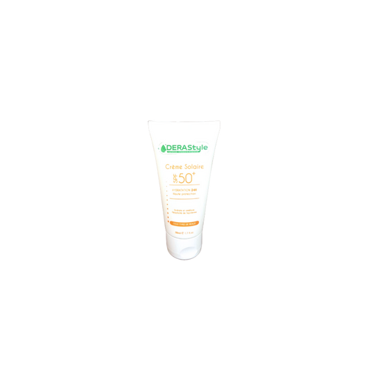 ecran solaire derastyle 50 spf, tube souple blanc avec capuchon clip