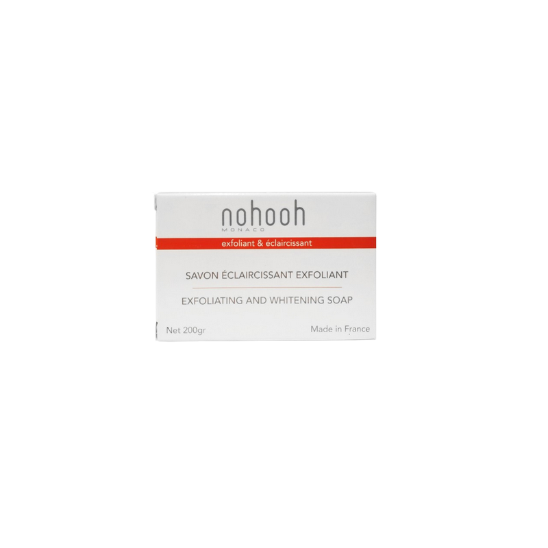 nohooh savon eclaircissant exfoliant noix de coco 200g, dans sa boite carton blanc avec une bande orange