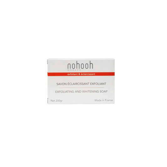 nohooh savon eclaircissant exfoliant noix de coco 200g, dans sa boite carton blanc avec une bande orange