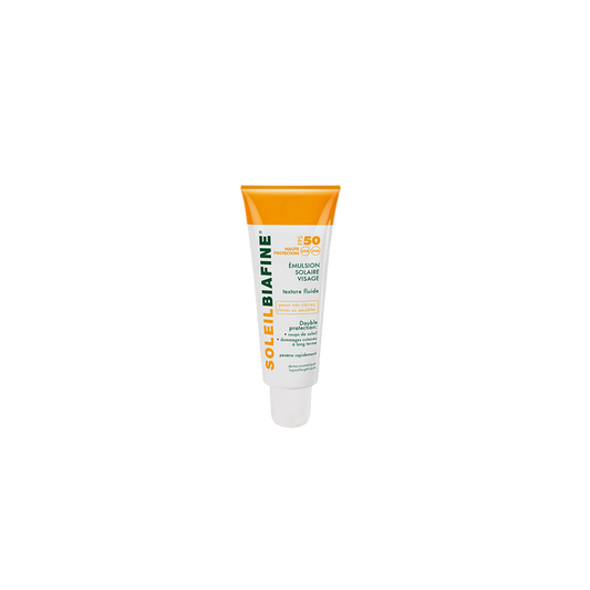 Biafine Soleil Émulsion Solaire Visage SPF 50 50ml flacon souple blanc et orange avec bouchon clips